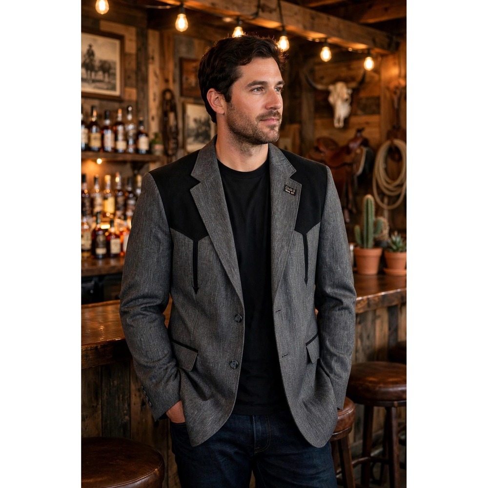 Circle S Mens 40R Vtg Western Blazer Gray Black Contrast Yoke Sport Coat Cowboy